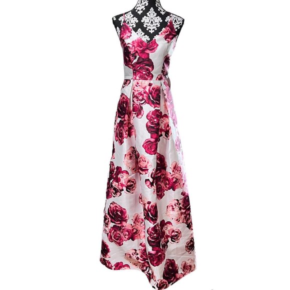 Windsor Floral Ivory Burgundy Roses Print Ball Gown Formal Dress Size 5 - Picture 1 of 5